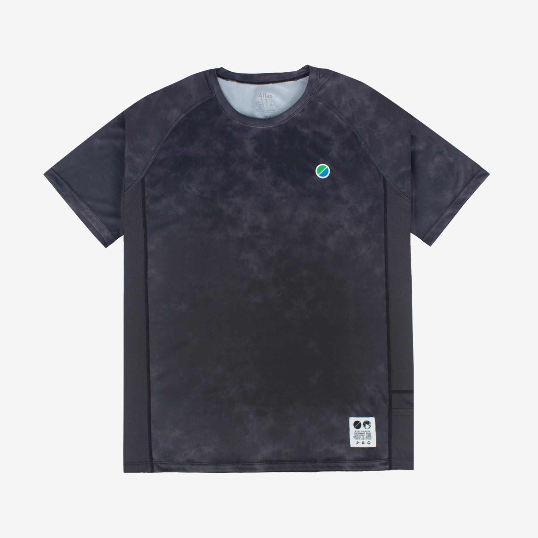 Black tie-dye V3 Core WMNS T-Shirt featuring raglan sleeves, eco-friendly 100% recycled polyester, and reflective details for runners.